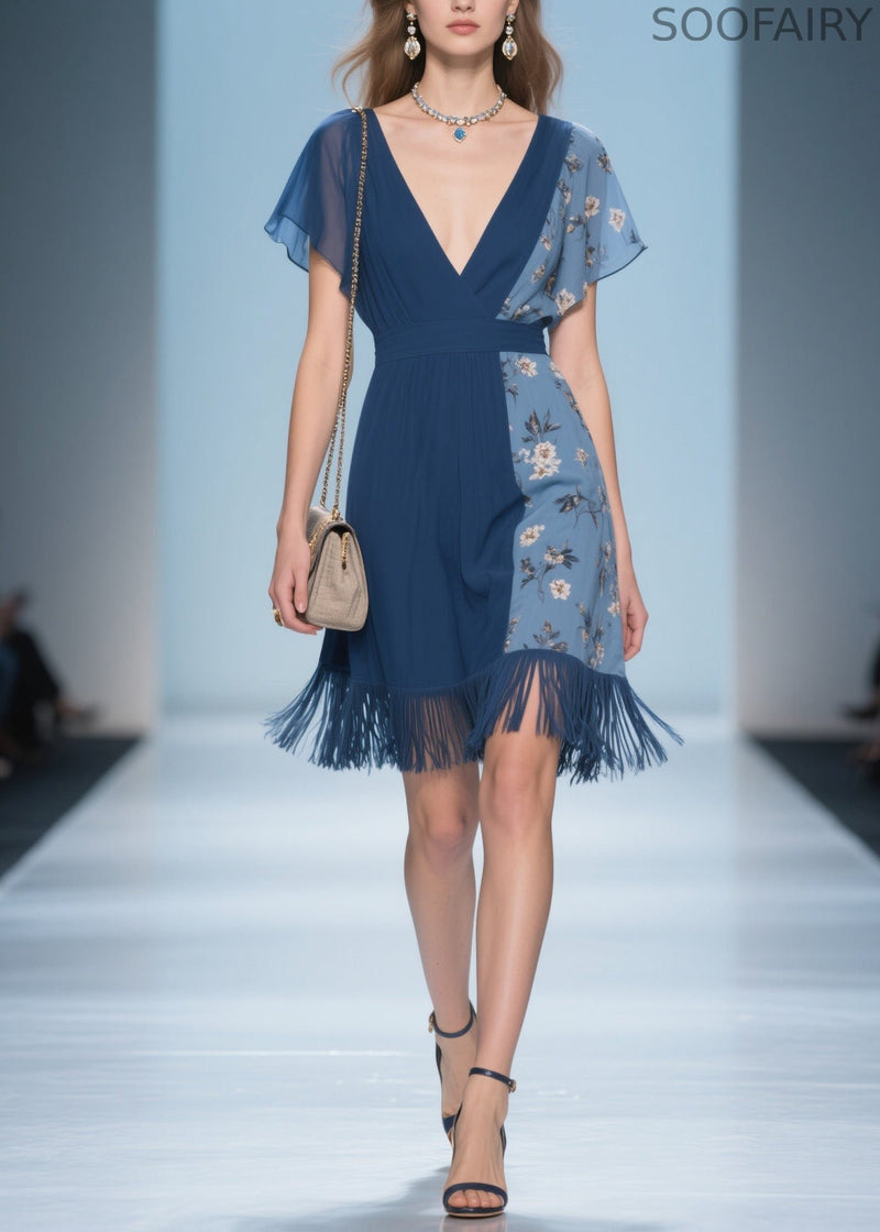 Unique V Neck Print Tassel Patchwork Cotton Dresses Summer