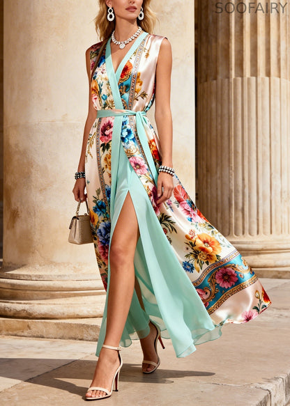 Diy Beige Tie Waist Print Chiffon Fake Two Piece Dresses Sleeveless