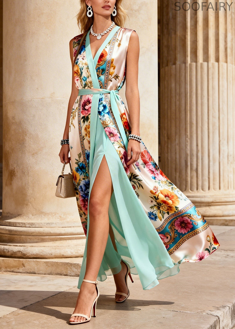 Diy Beige Tie Waist Print Chiffon Fake Two Piece Dresses Sleeveless