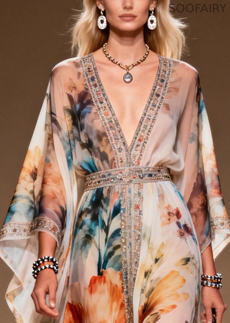 Diy Apricot Print Rhinestone Chiffon Party Dresses Summer