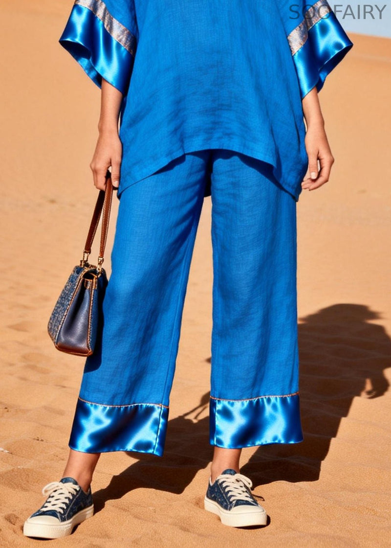 Fitted Blue Oversized Patchwork Silk Cotton Two Piece Set Clothing