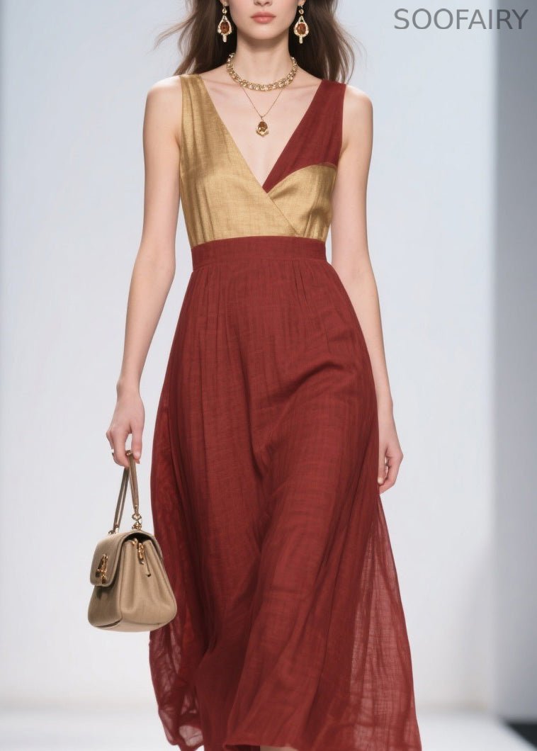French Colorblock V Neck Patchwork Cotton Dresses Sleeveless
