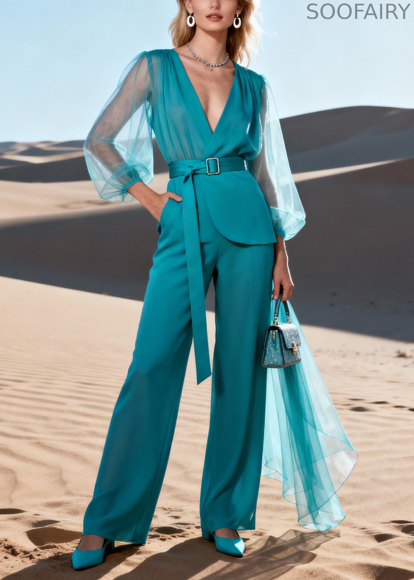 Blue V Neck Tulle Patchwork Top and Straight Pants Two Piece Set Lantern Sleeve