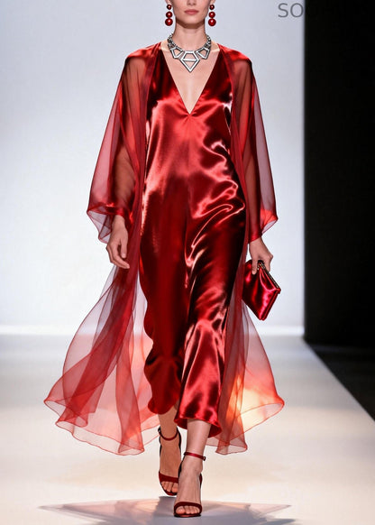 Classy Red V Neck Loose Silk 2 Piece Outfit Summer