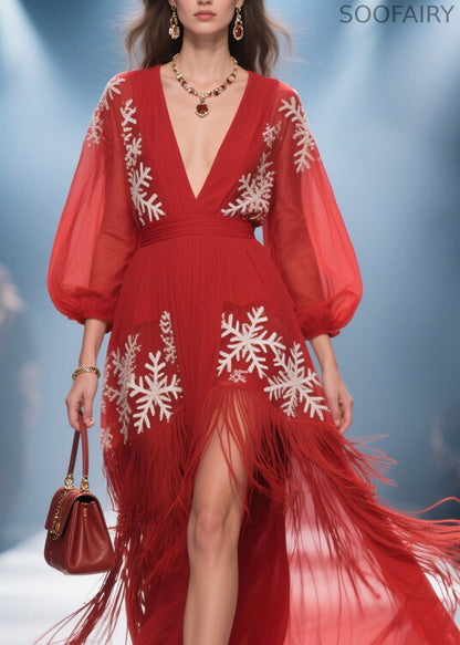 Art Red Print Tassel Patchwork Chiffon Holiday Dress Summer