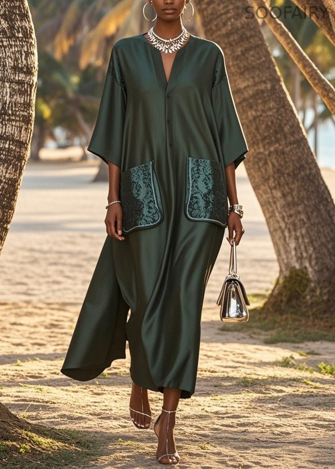 Loose V Neck Pockets Patchwork Silk Long Dress Summer