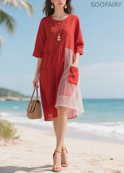 Red Patchwork Tulle Robe Dresses Asymmetrical Half Sleeve