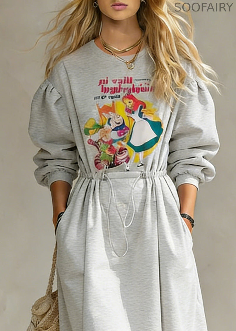 Grey Print Drawstring Lace Patchwork Cotton Sweatshirt Dresses Spring