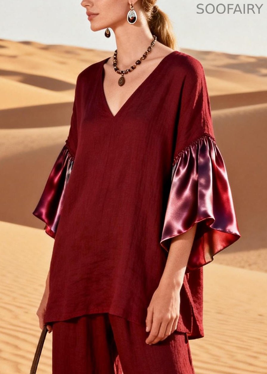 Mulberry V Neck Patchwork Linen Silk Two Pieces Set Flare Sleeve