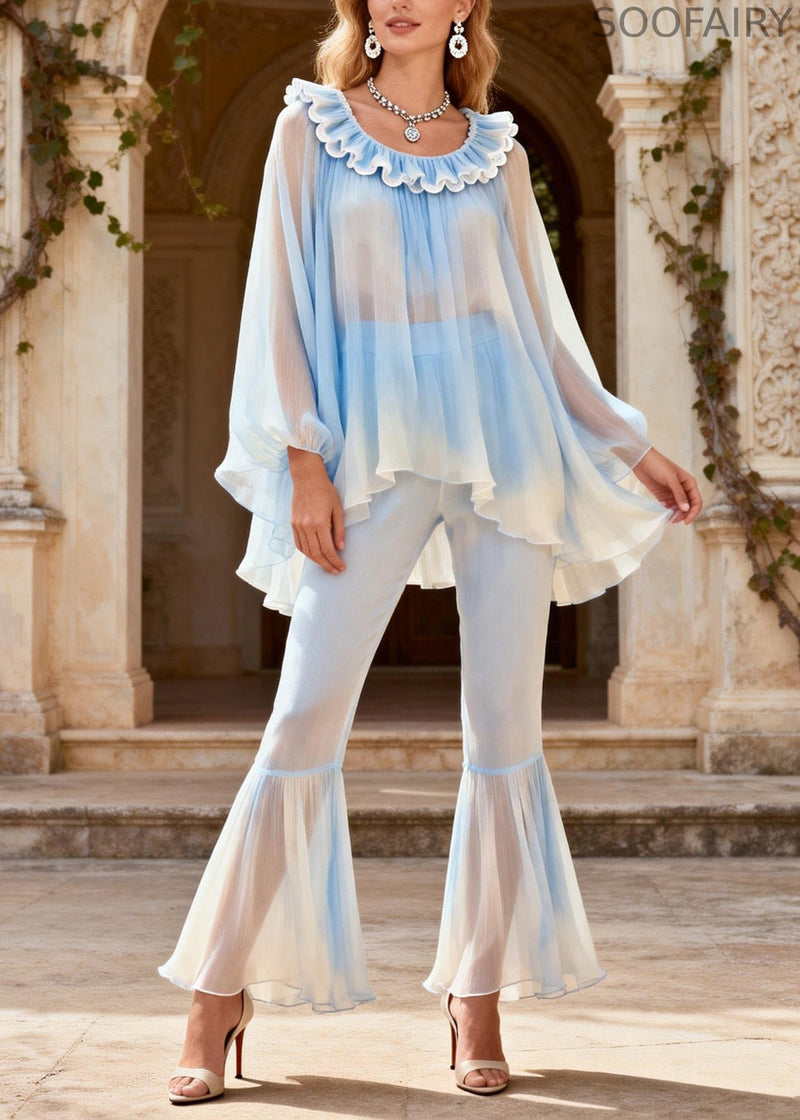 New O Neck Ruffled Patchwork Silk Two Pieces Set Summer