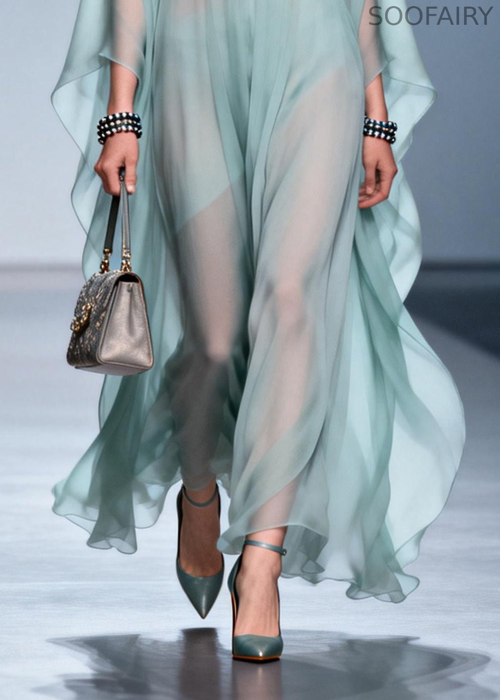 Sky Blue Print Draping Chiffon Maxi Dress Batwing Sleeve