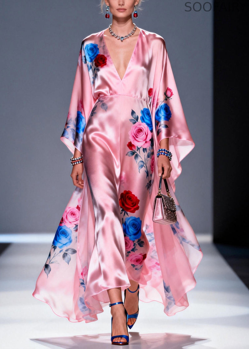 Pink Oversized Print Silk Vacation Dress Summer