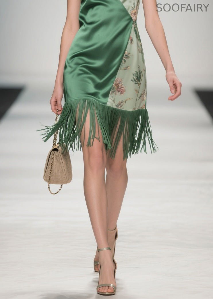 Colorblock Tassel Print Silk Spaghetti Strap Dresses Summer