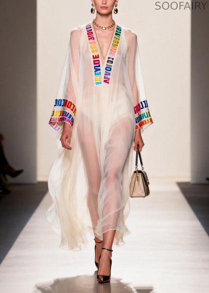 Italian White V Neck Letter Print Chiffon Sheer Dress Summer