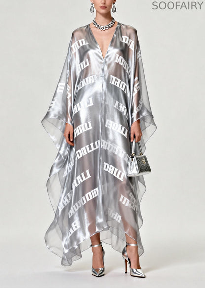 Diy Silvery Oversized Letter Print Chiffon Maxi Dress Summer