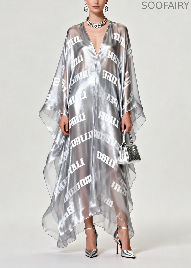 Diy Silvery Oversized Letter Print Chiffon Maxi Dress Summer