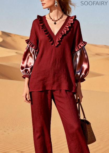 Red Ruffled Silk Patchwork Linen Two Pieces Set Spring