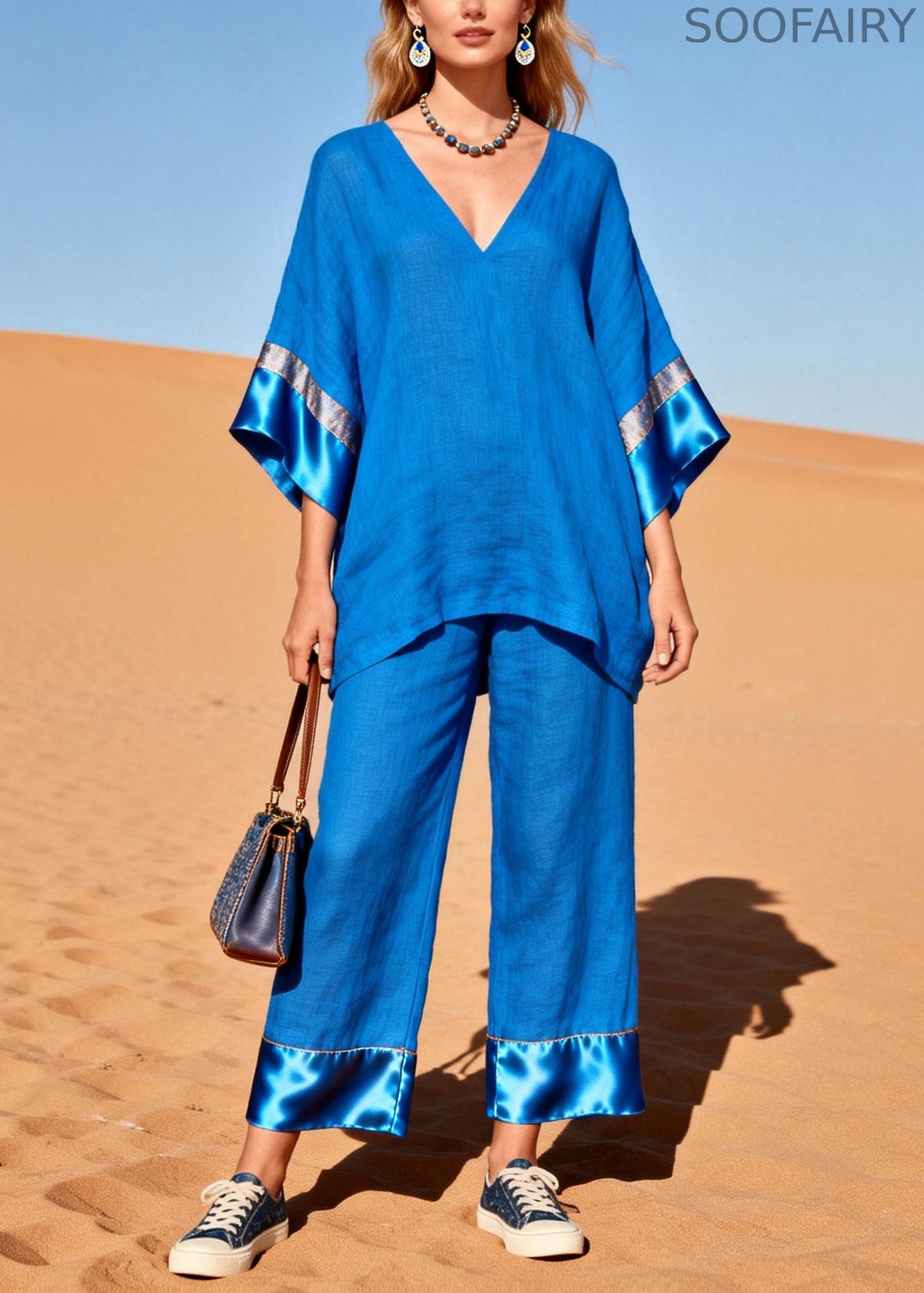 Fitted Blue Oversized Patchwork Silk Cotton Two Piece Set Clothing