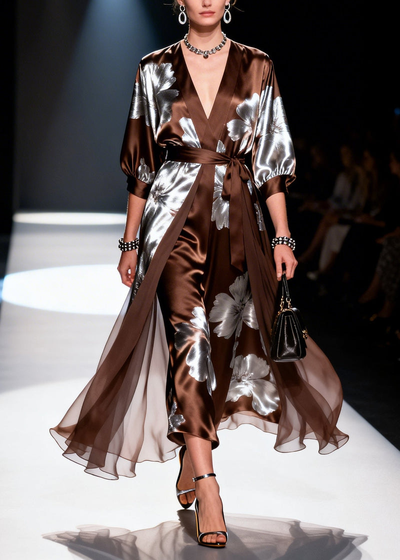 Brown Jacquard Tie Waist Chiffon Vacation Dresses Two Piece Set