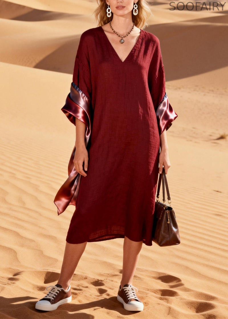 Original Design V Neck Silk Patchwork Linen Dress Summer