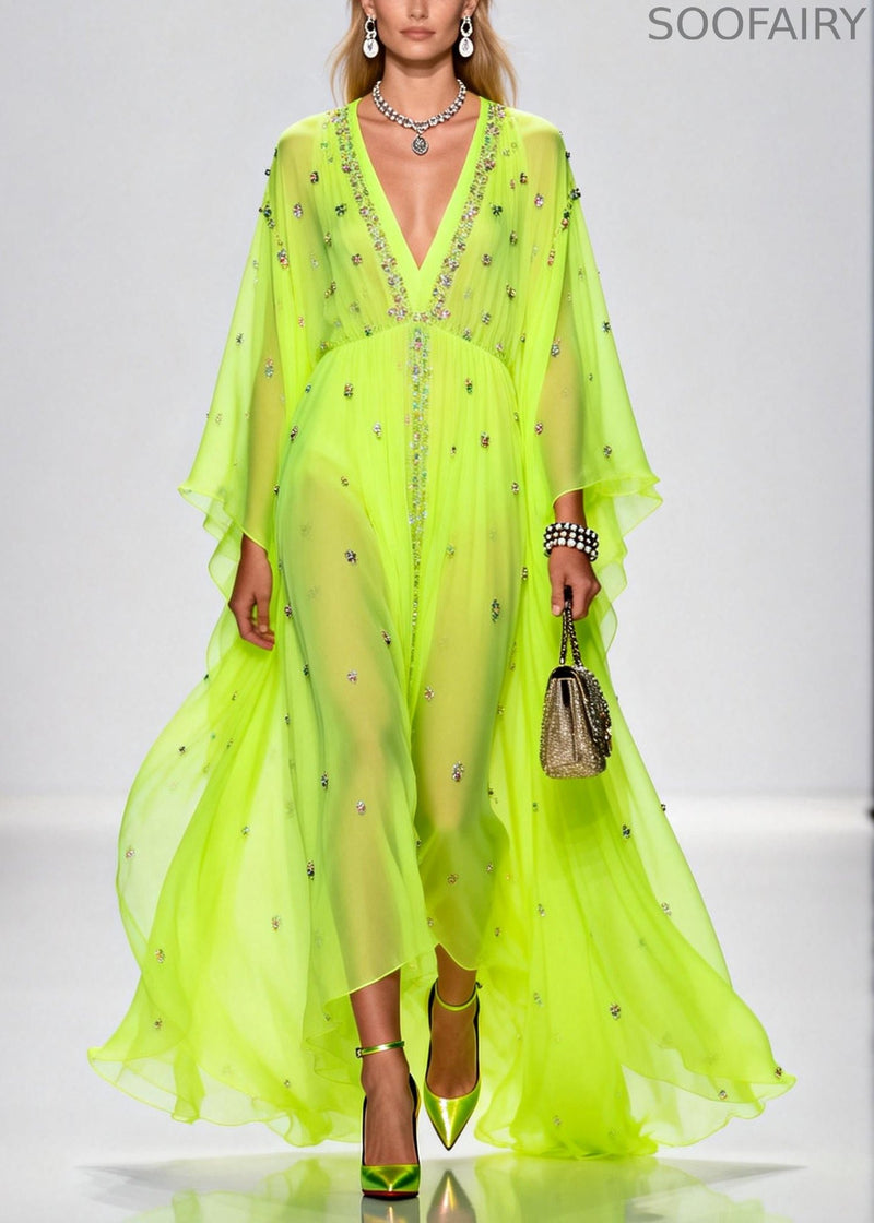 Original Design Fluorescent Green Rhinestone Exra Large Hem Chiffon Party Dresses Summer