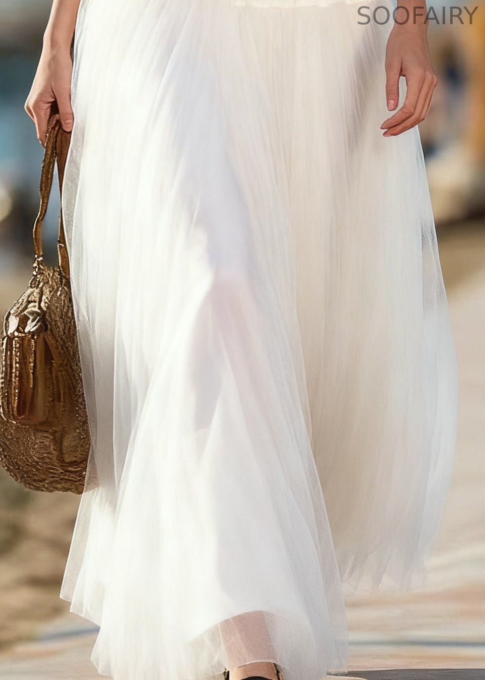 Art Beige Elastic Waist Tulle Skirts Summer