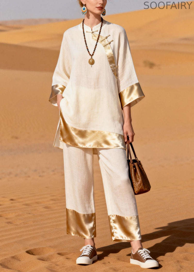 Chinese Style Beige Side Open Silk Patchwork Two Pieces Set Stand Collar Bracelet Sleeve