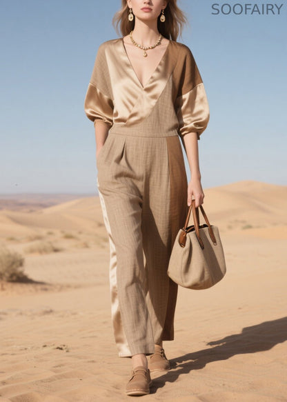 Simple Khaki Asymmetrical Patchwork Linen Silk Jumpsuit Summer