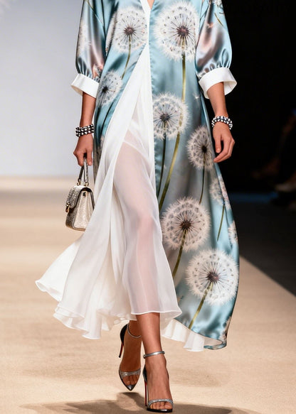 Style V Neck Print False Two Pieces Patchwork Silk Dresses Summer