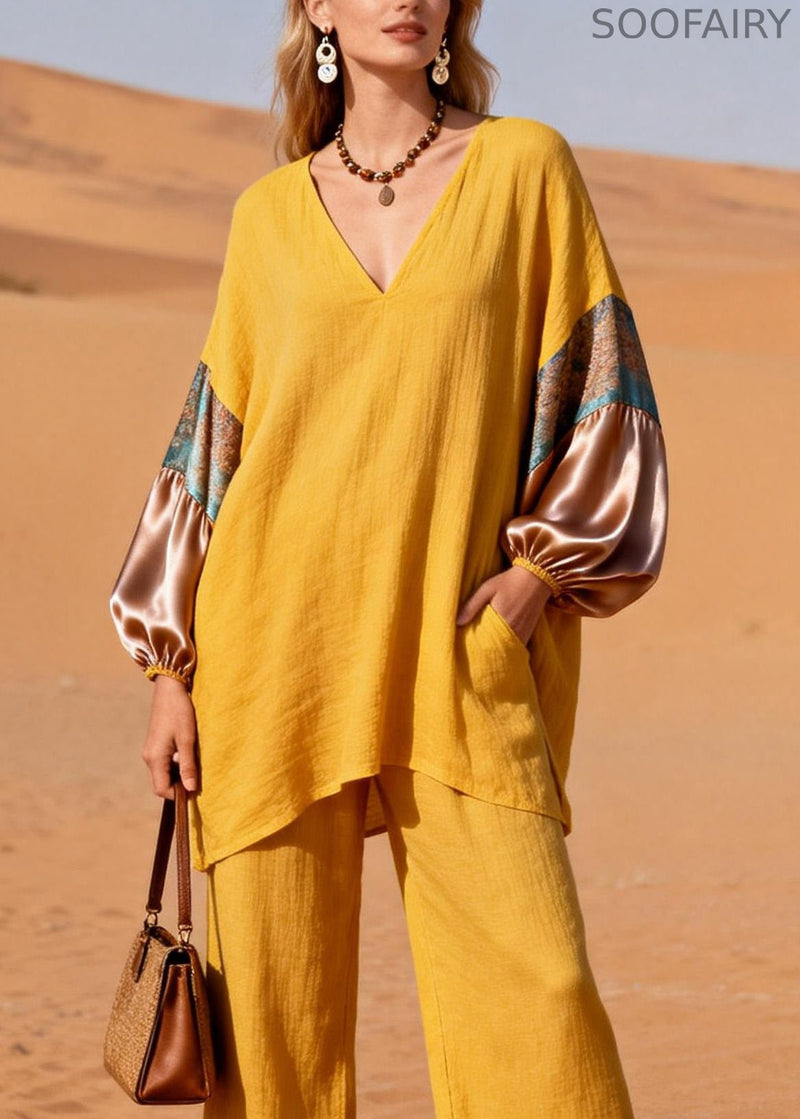 Art Yellow V Neck Patchwork Linen Silk Two Piece Set Spring
