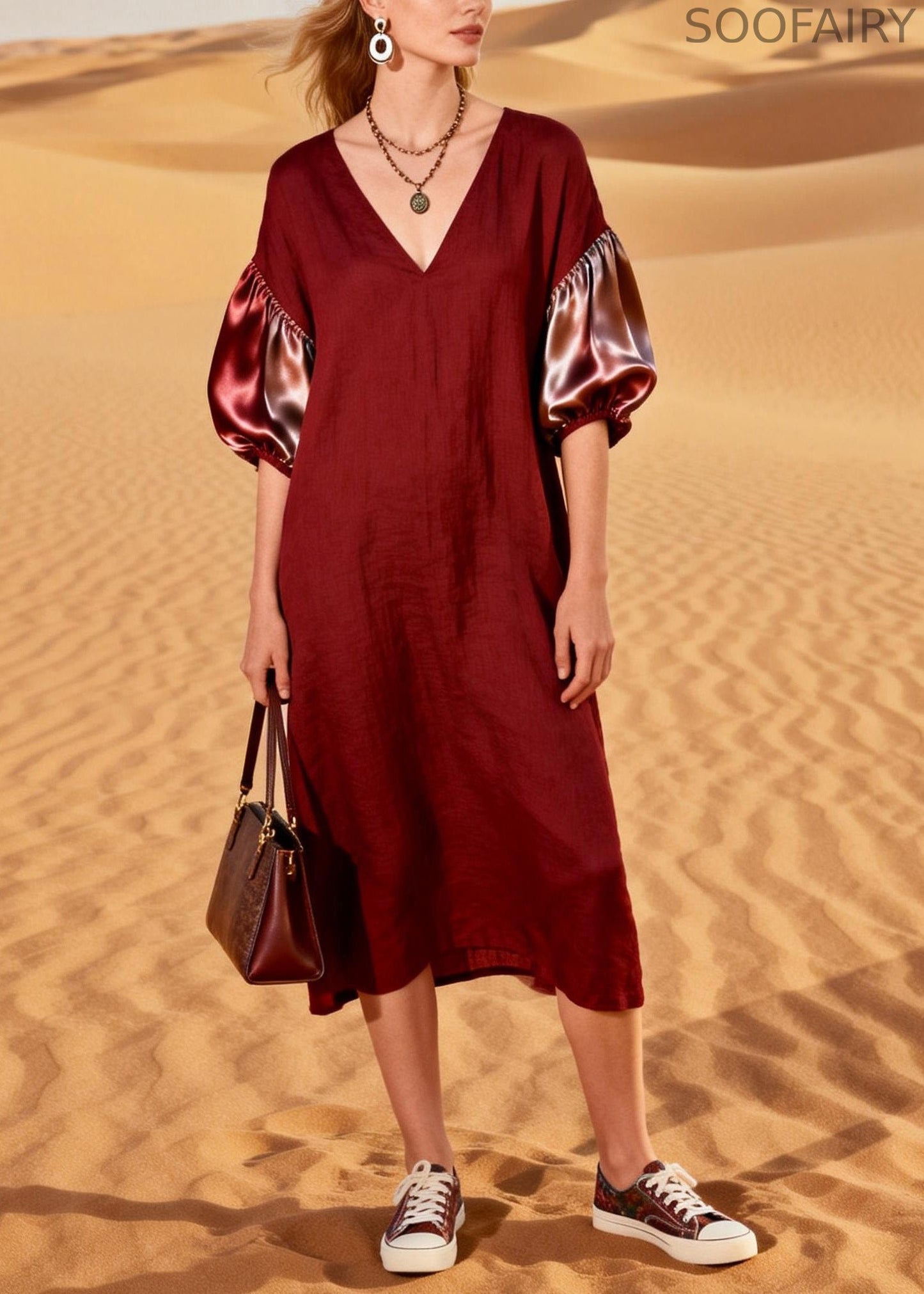 French Red V Neck Silk Patchwork Linen Dresses Summer