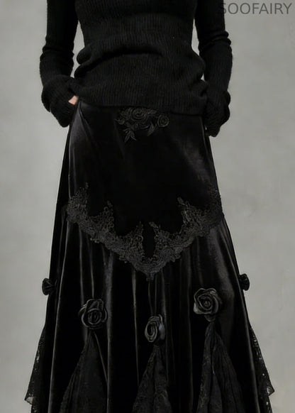Slim Fit Black Lace Silk Velvet Fish Tail Skirt Spring