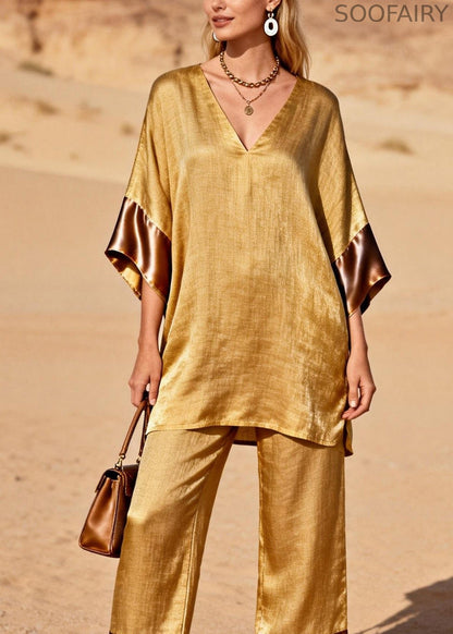 Style Gold V Neck Silk Patchwork Linen 2 Piece Outfit Summer