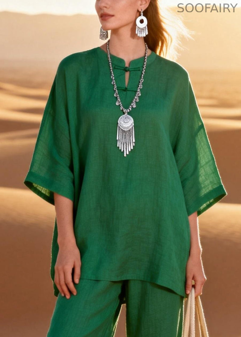 Green Sequins Shirts and Crop Pants Patchwork Linen Two Pieces Set O Neck Half Sleeve