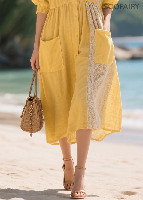 Yellow Oversized Patchwork Cotton Dresses Summer