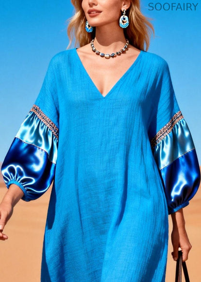 French Blue Oversized Patchwork Cotton Dresses Lantern Sleeve
