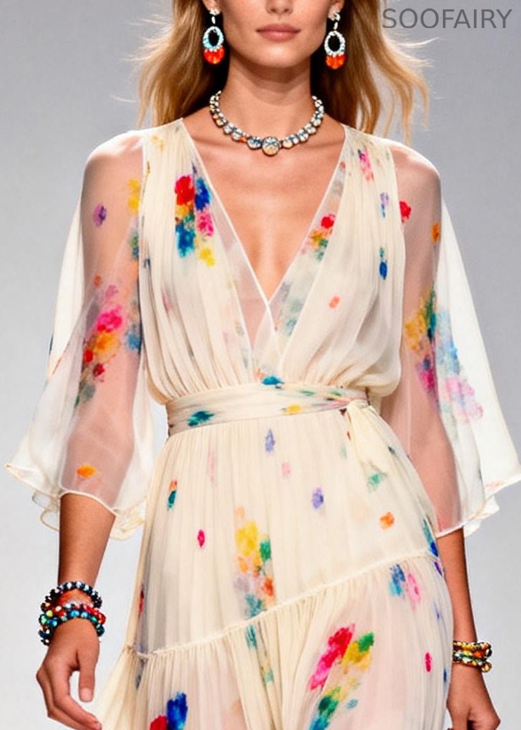 Italian Apricot V Neck Tie Dye Chiffon Party Dresses Summer