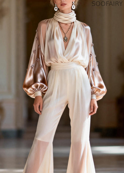 Boutique V Neck Wrinkled Zircon Patchwork Silk Two Pieces Set Spring