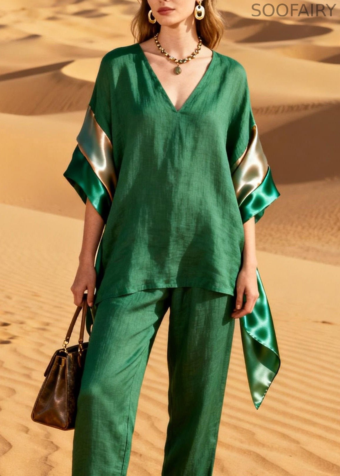 Green Top and Pants Patchwork Linen Silk Two Pieces Set Summer