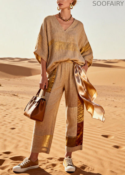 Khaki V Neck Tops and Crop Pants Patchwork Silk Linen Two Pieces Set Batwing Sleeve
