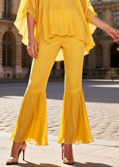 Loose Yellow O Neck Wrinkled Two Pieces Set Bracelet Sleeve