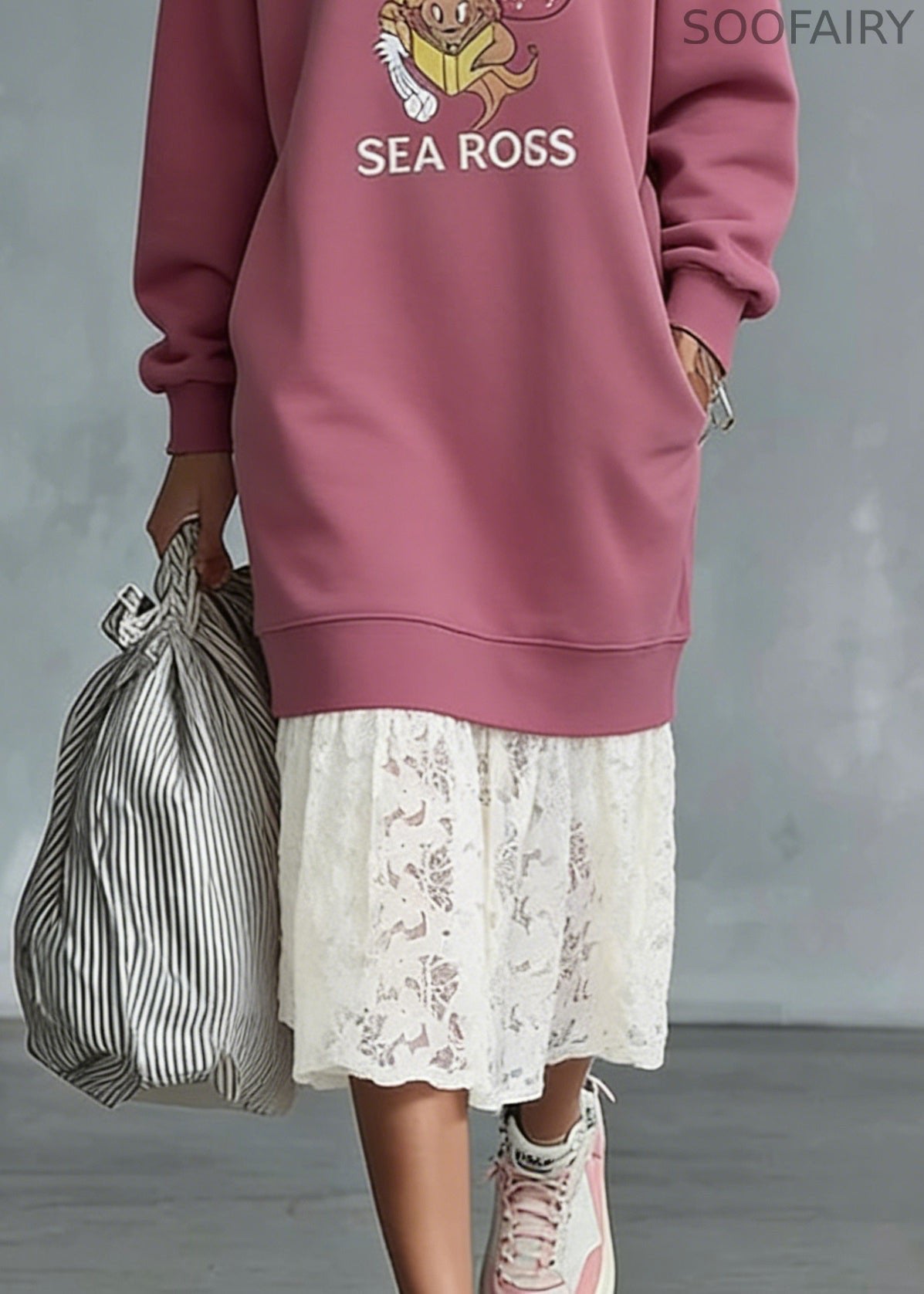Loose Pink O Neck Print Lace Patchwork Warm Fleece Sweatshirts Dress Spring
