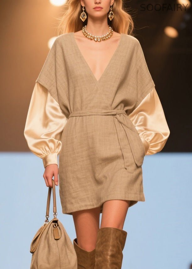 V Neck Patchwork Linen Silk Mid Dresses Spring