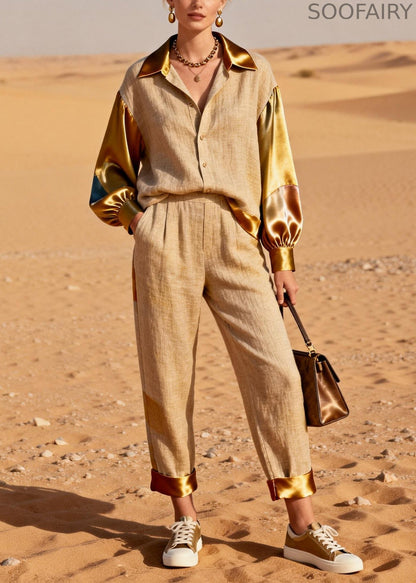 Khaki Peter Pan Collar Shirts and Crop Pants Silk Patchwork Two Pieces Set