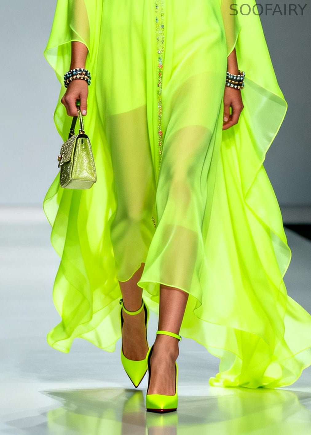 Fluorescent Green Oversized Zircon Chiffon Long Dress Summer