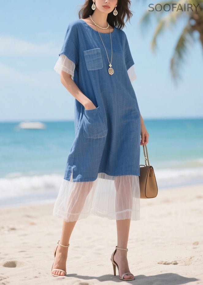 Style Denim Blue Oversized Patchwork Tulle Straight Dress Summer