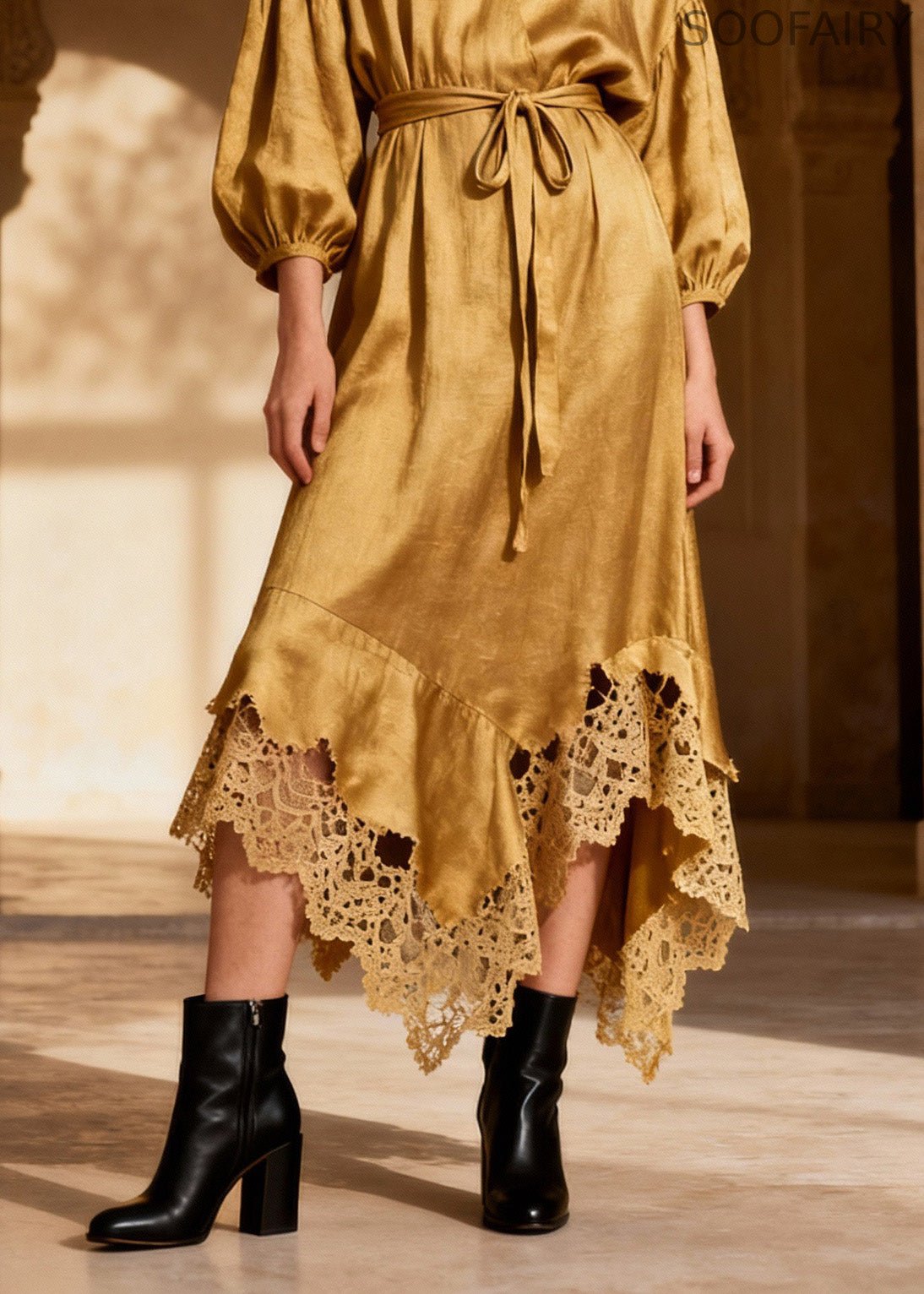 Fine V Neck Asymmetrical Lace Patchwork Silk Dresses Spring