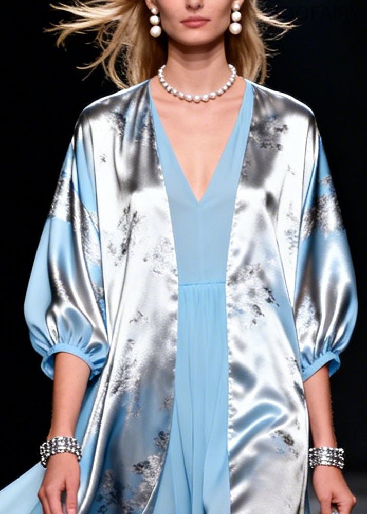 Modern Sky Blue V Neck Patchwork Chiffon Fake Two Piece Dress Summer