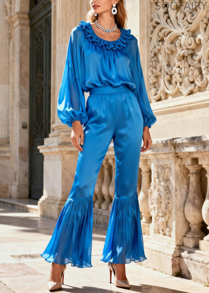 Stylish Blue Ruffled Tops and Flare Bottoms Silk Two Pieces Set Spring