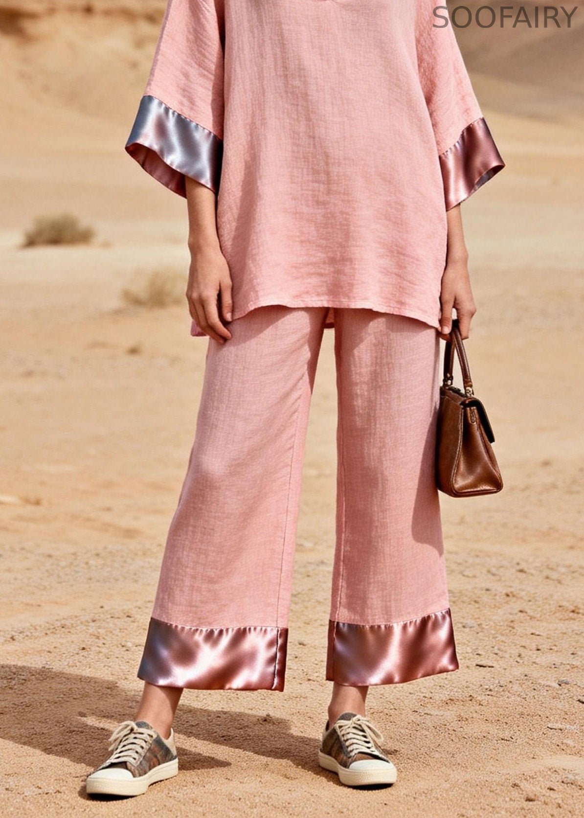 Pink V Neck Patchwork Linen Silk Two Piece Set Summer